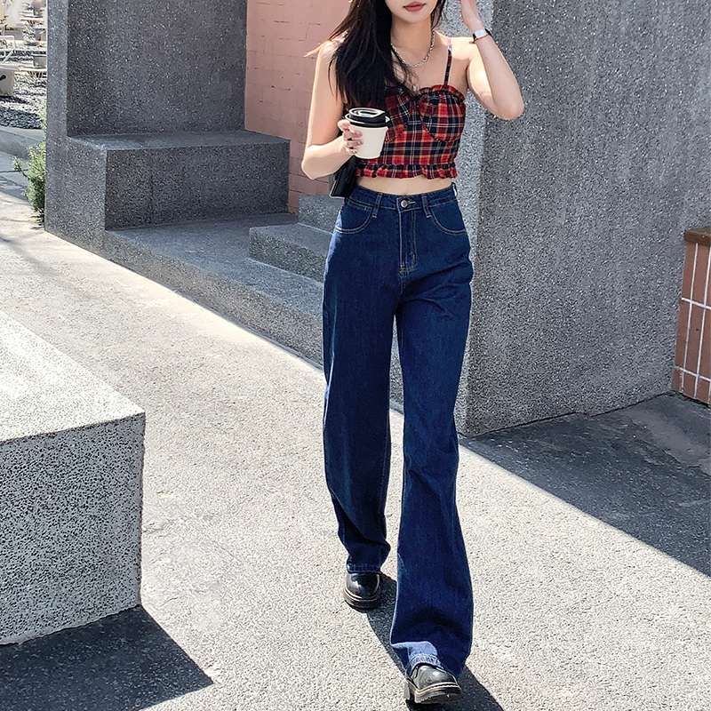 カジュアルスタイル ワイドレッグ ハイウエストデニムパンツ