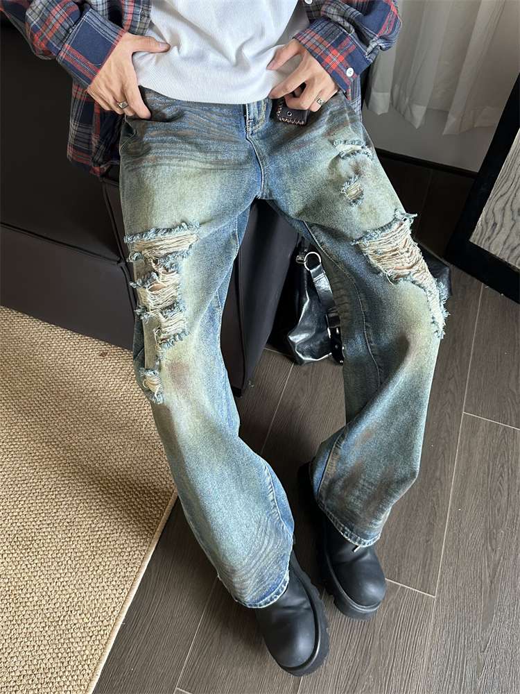 デニム  ダメージ加工ワイドストレートジーンズ