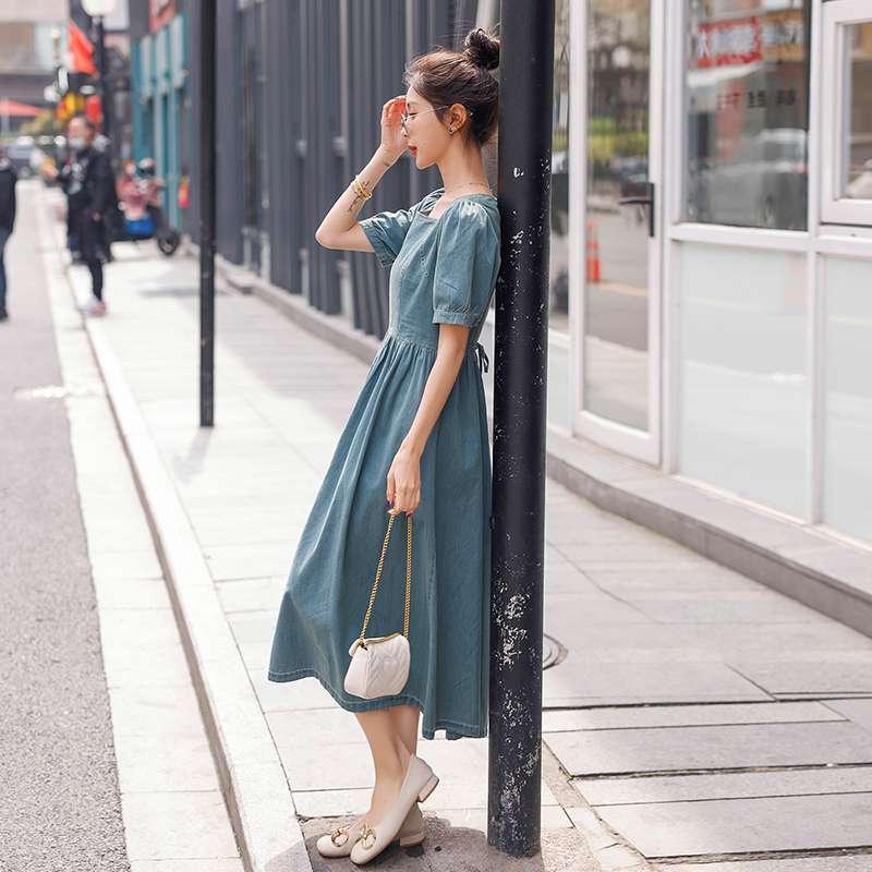 韓国スタイル エレガントパフスリーブデニムマキシワンピース