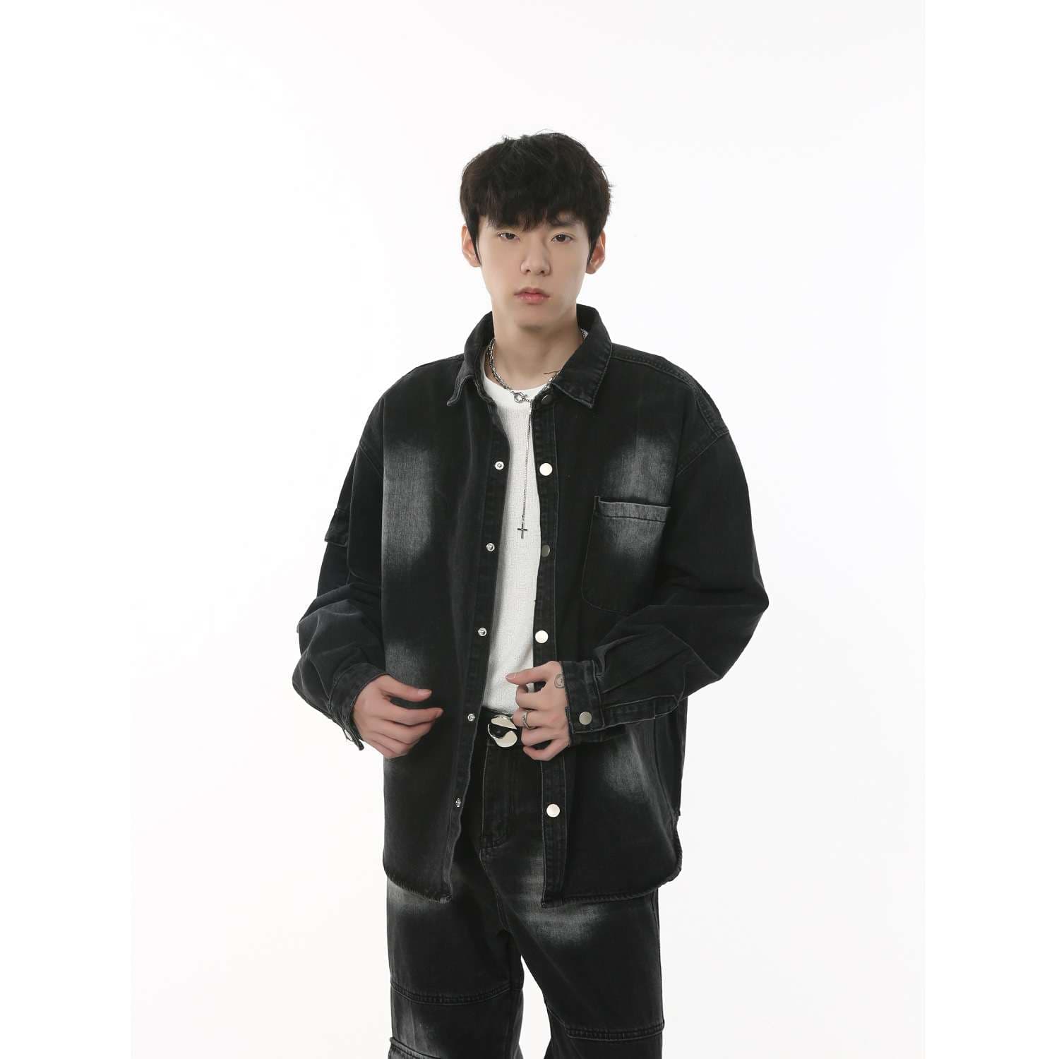 韓国スタイル モノトーンウォッシュ加工デニムパンツセットアップ