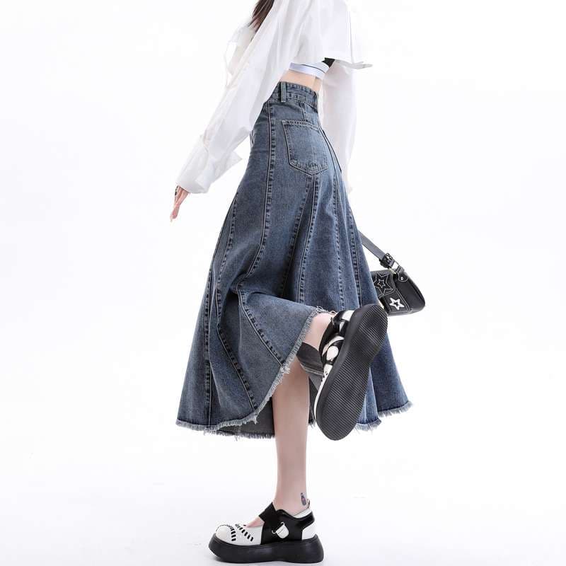 韓国スタイル モダンデニムフレアロングスカート