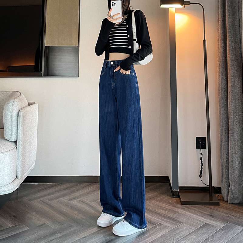 ストリートスタイル ハイウエストワイドレッグデニムジーンズ