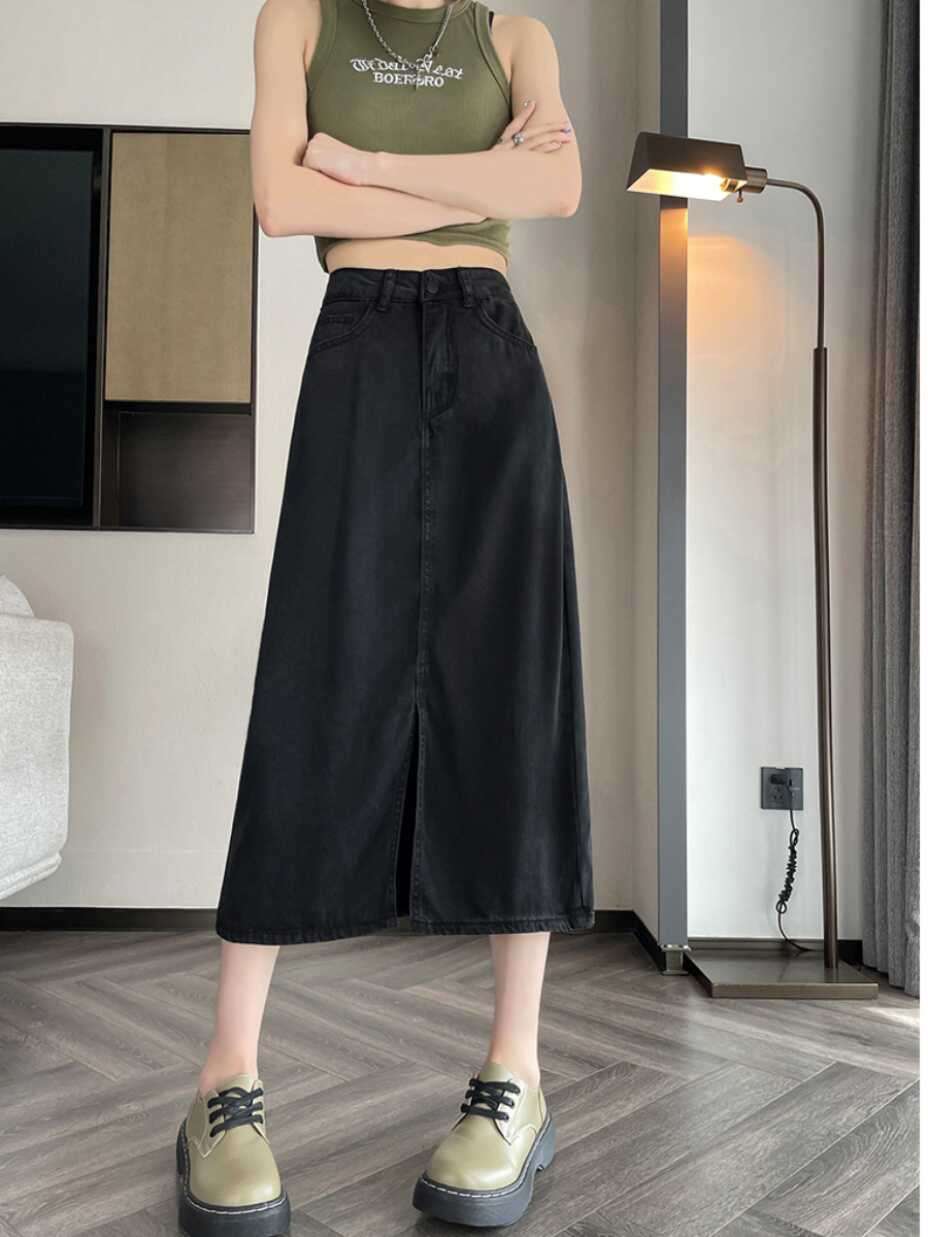 韓国スタイル デニムAラインロングタイトスカート