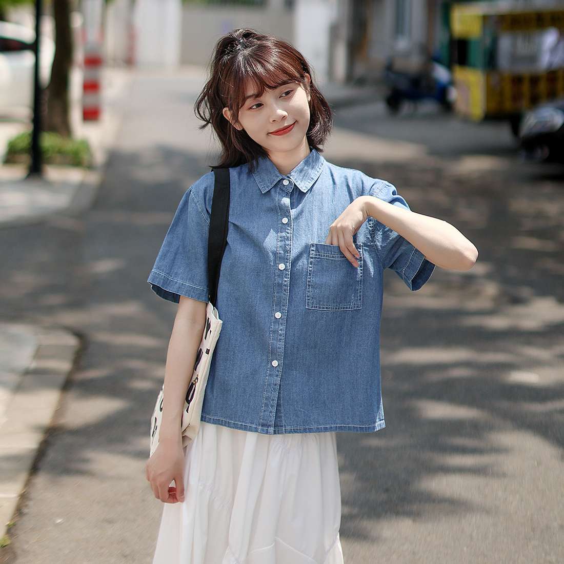 韓国スタイル 爽やかカジュアル オーバーサイズデニムシャツ