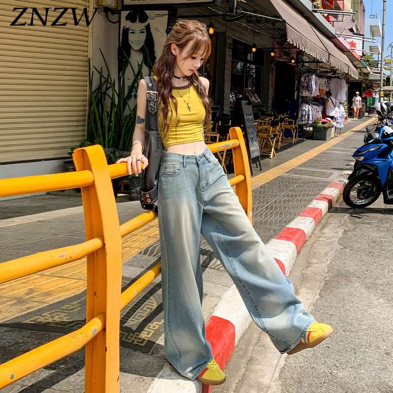 韓国スタイル ストリートワイドデニムパンツ