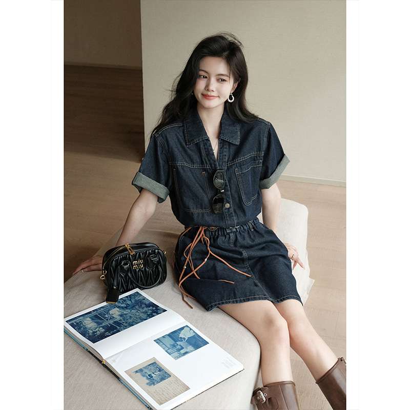 韓国スタイル 夏の涼しげデニムシャツワンピース
