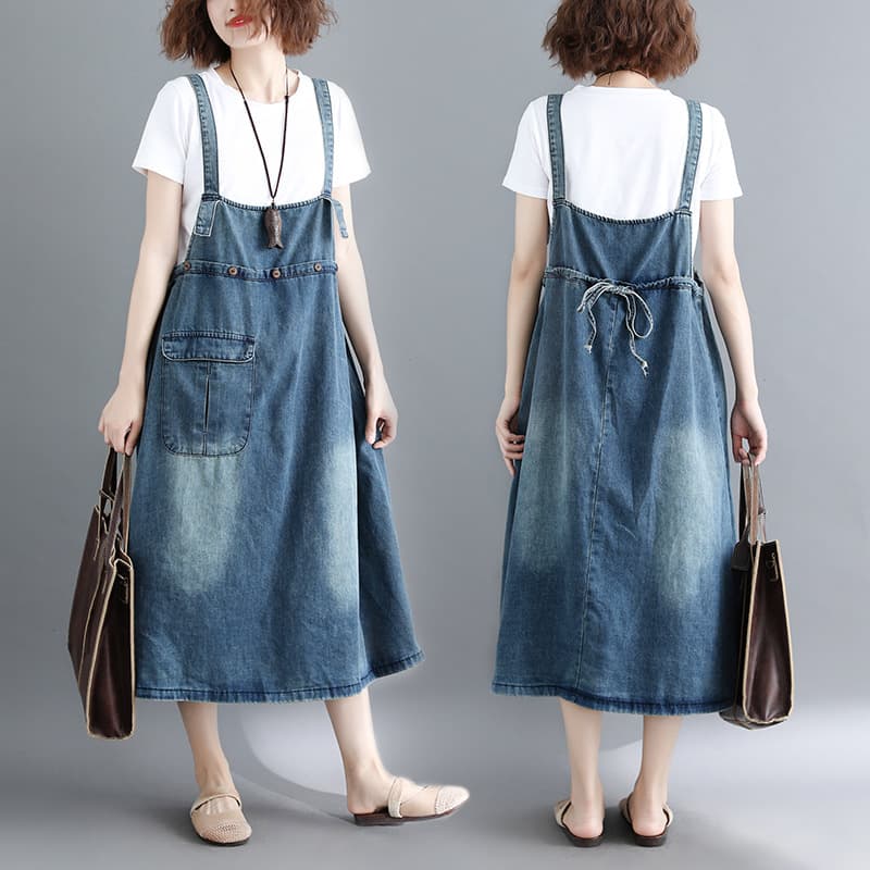 デニムスカート ゆったり楽ちん ミディ丈サロペットスカート