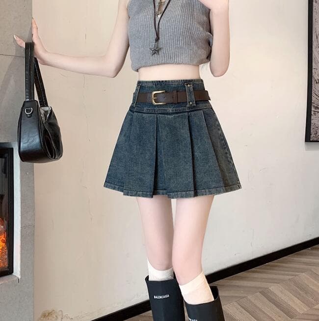 デニムスカート ハイウェストプリーツミニスカート