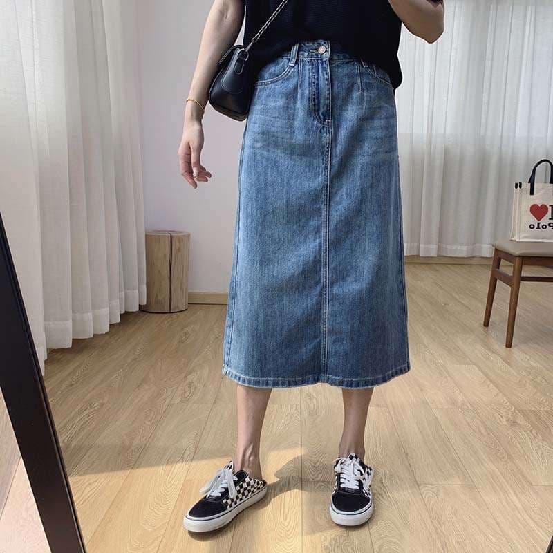 デニムスカート クラシックデニムミディスカートタイト