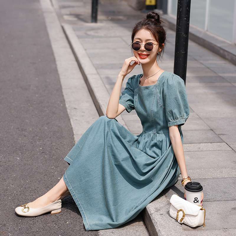 韓国スタイル エレガントパフスリーブデニムマキシワンピース