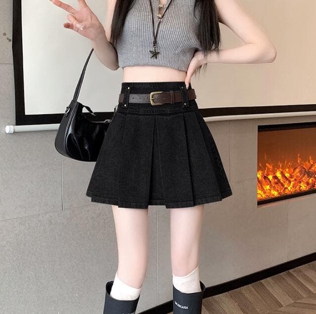 デニムスカート ハイウェストプリーツミニスカート