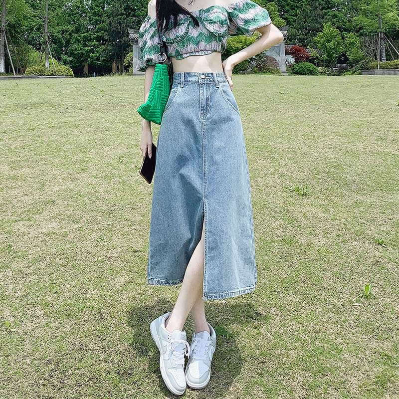 韓国スタイル ヴィンテージ風デニムロングタイトスカート
