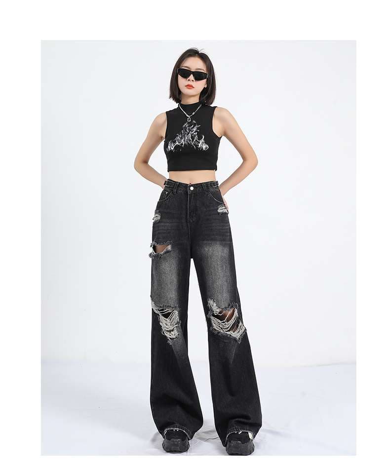 アメリカスタイル エッジィダメージワイドデニムパンツ