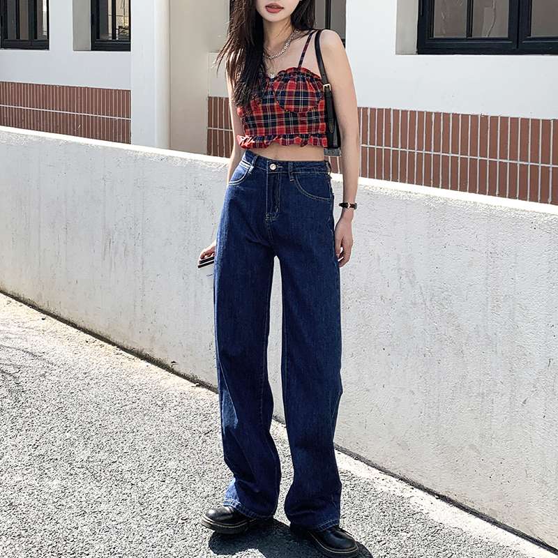 カジュアルスタイル ワイドレッグ ハイウエストデニムパンツ