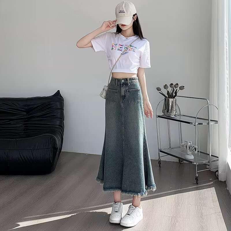 カジュアルスタイル フリンジ裾デニムマキシスカートマーメイド