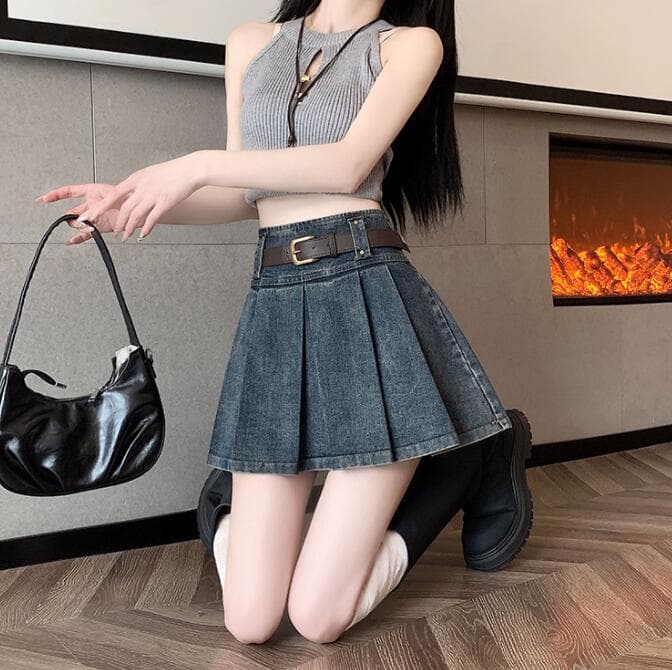 デニムスカート ハイウェストプリーツミニスカート