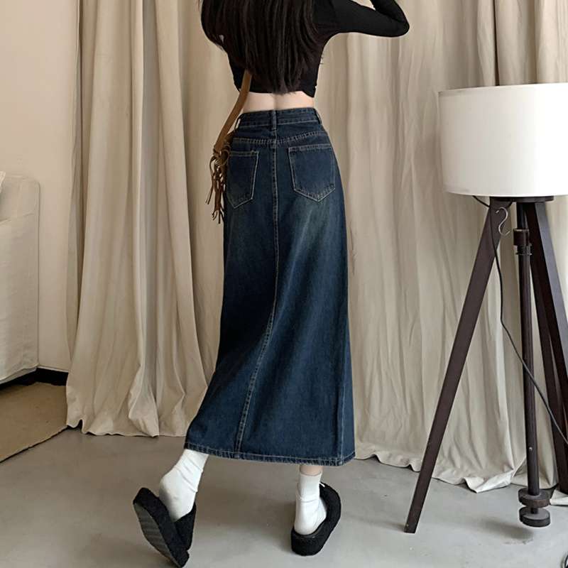 ヴィンテージスタイル ロングデニムスリットスカート