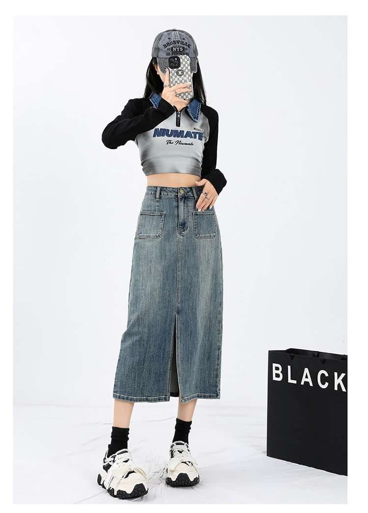 カジュアルスタイル　ヴィンテージ風デニムロングタイトスカート