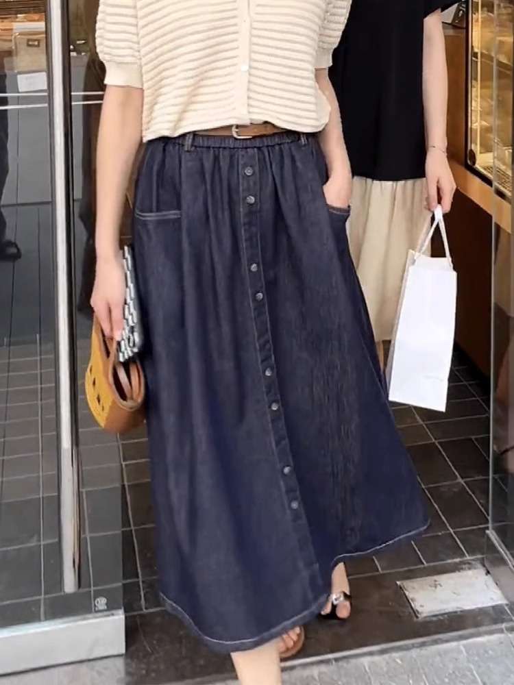 韓国スタイル フロントボタンデニムミディスカート