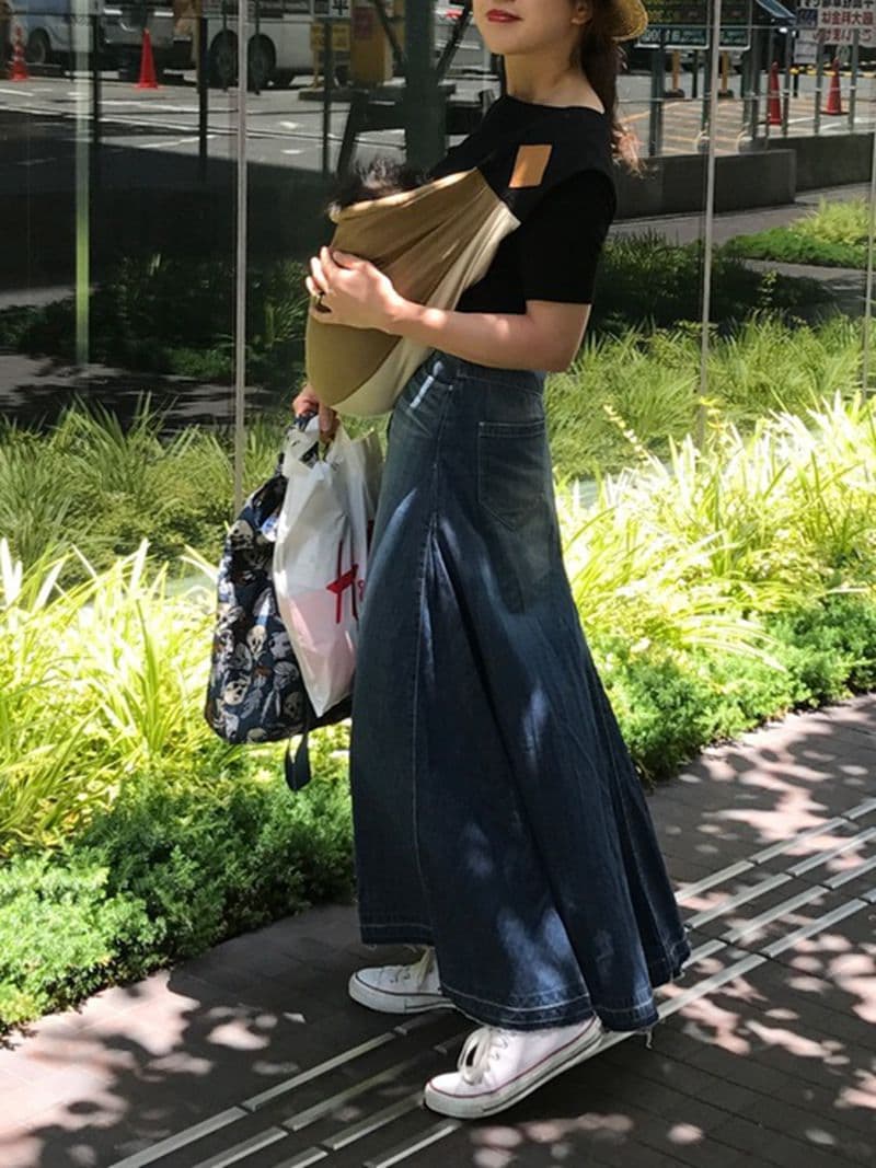 裾フリンジデニムロングマキシスカート