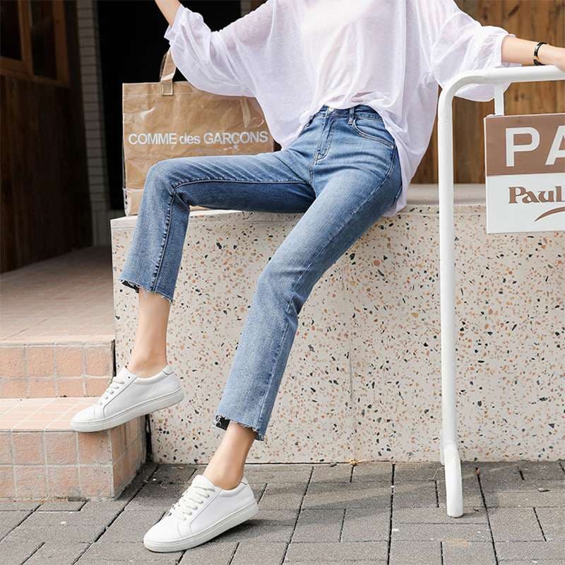 韓国スタイル クラシックストレートアンクルジーンズ