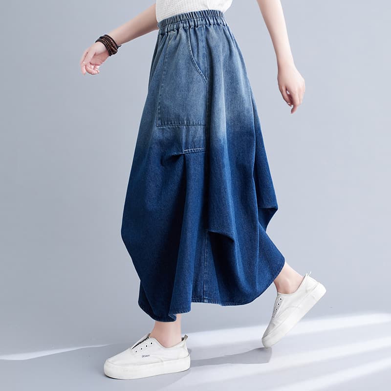 デニムスカート 非対称デザイン ゆったりデニムロングスカート