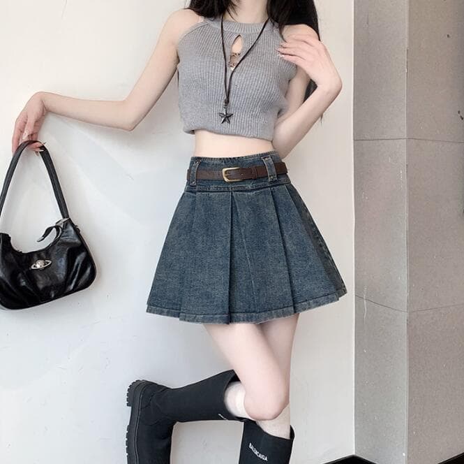デニムスカート ハイウェストプリーツミニスカート