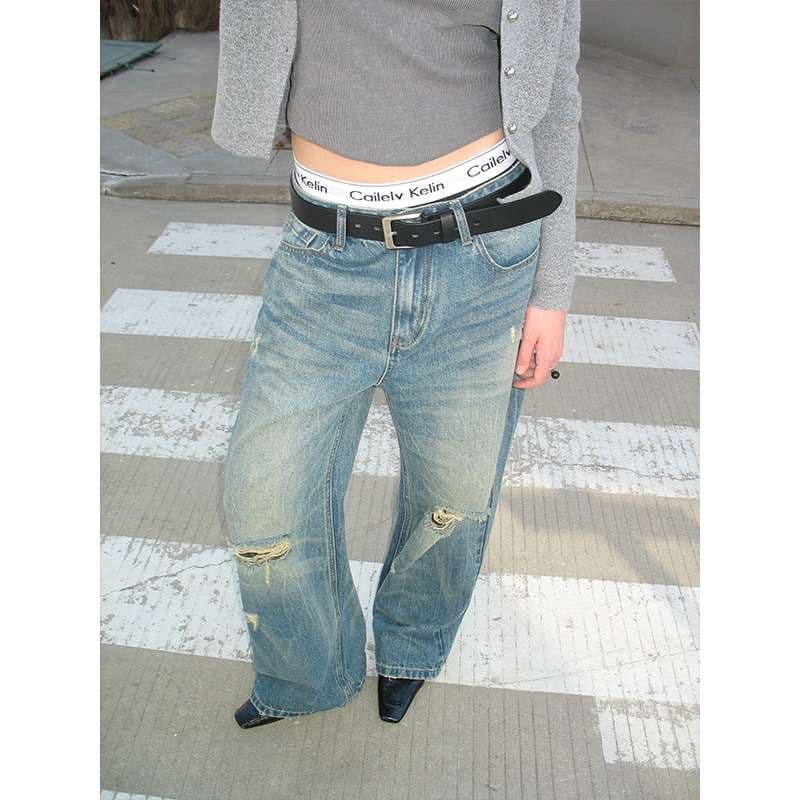 アメリカンスタイル ヴィンテージ風ダメージ加工ワイドデニム