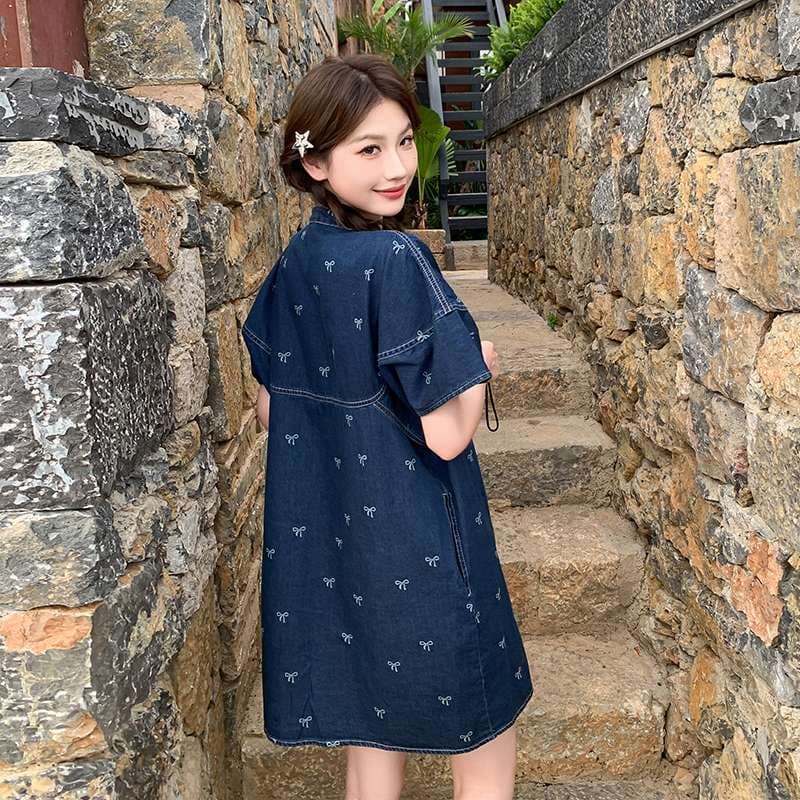 韓国スタイル リボン刺繍デニムシャツワンピース
