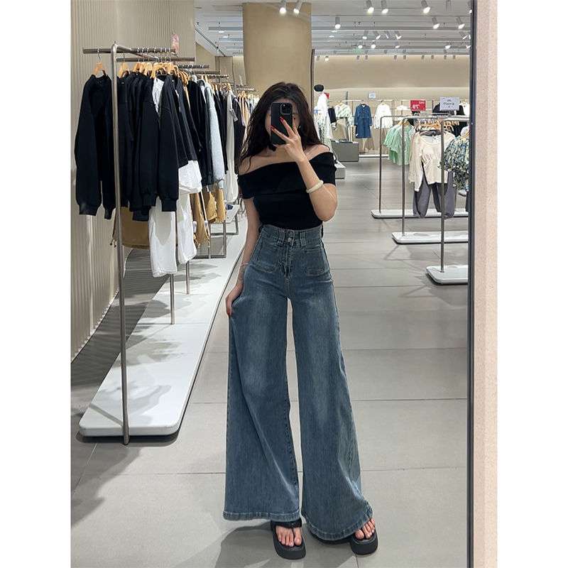 韓国スタイル トレンディワイドレッグデニムパンツ