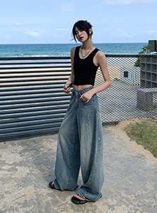 カジュアルスタイル オーバーサイズ ワイドデニムパンツ