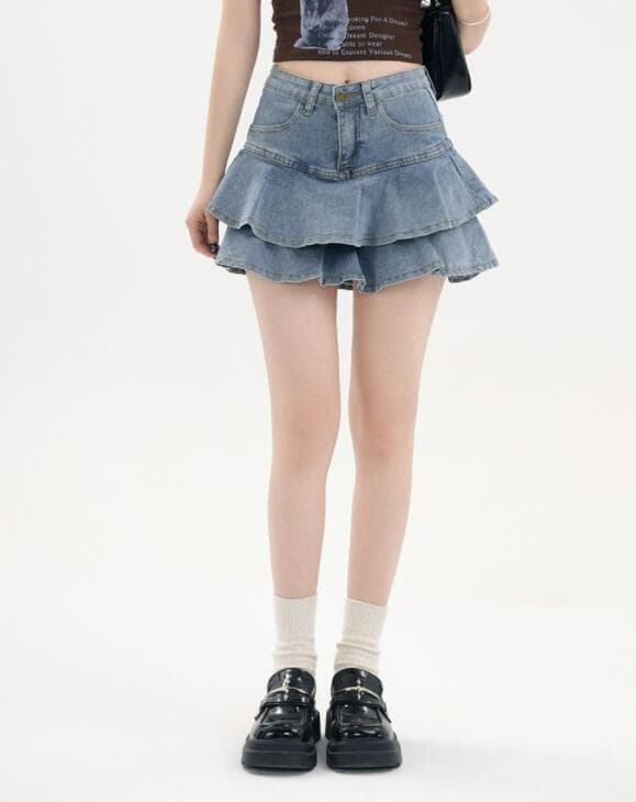 フリルデニムスカート ハイウェスト ミニ丈