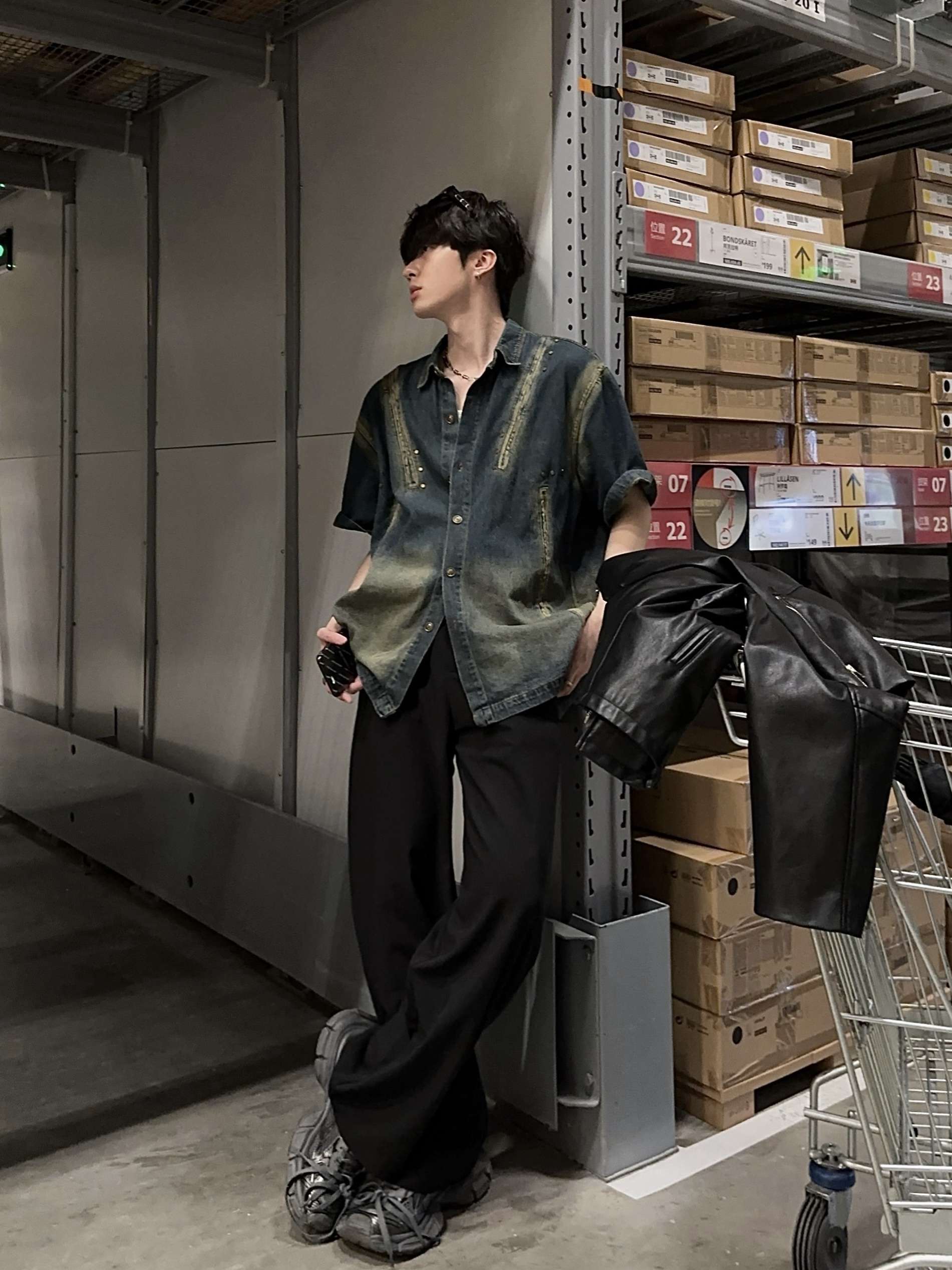 韓国スタイル ヴィンテージ風オーバーサイズデニムシャツ