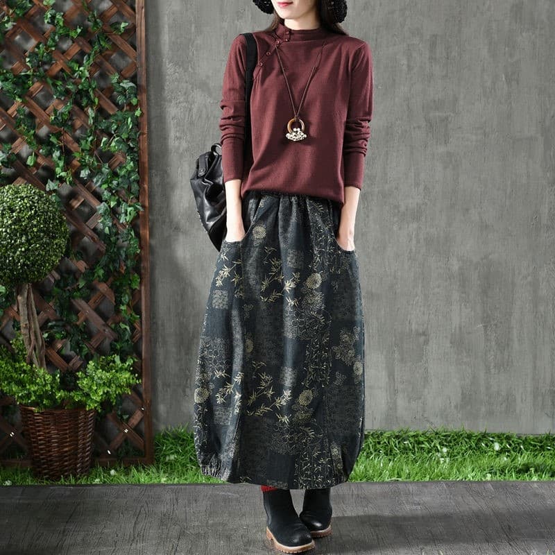 デニムスカート 草花模様ふんわりバルーンスカート