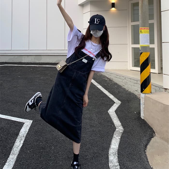 デニムスカート ゆったりシルエットデニムサロペットスカート