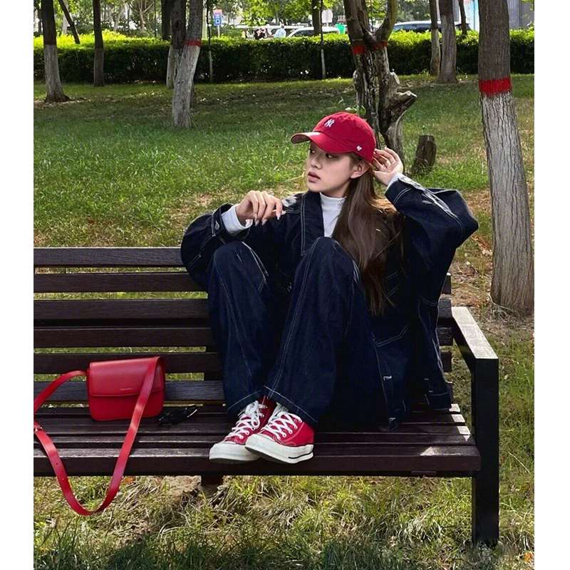 韓国スタイル オーバーサイズデニムジャケット&ワイドパンツセット