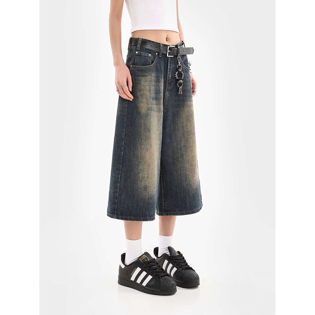 アメリカンスタイル ワイドデニムキュロットパンツ