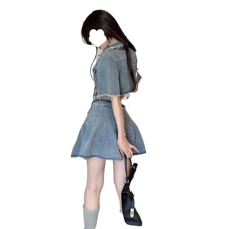 カジュアルスタイル フリンジ付きデニムセットアップ ミニスカート