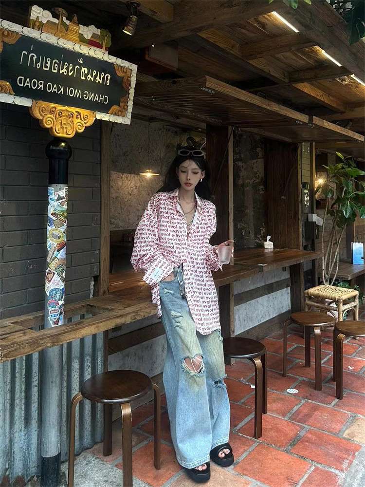 韓国スタイル 風ヴィンテージダメージワイドデニム