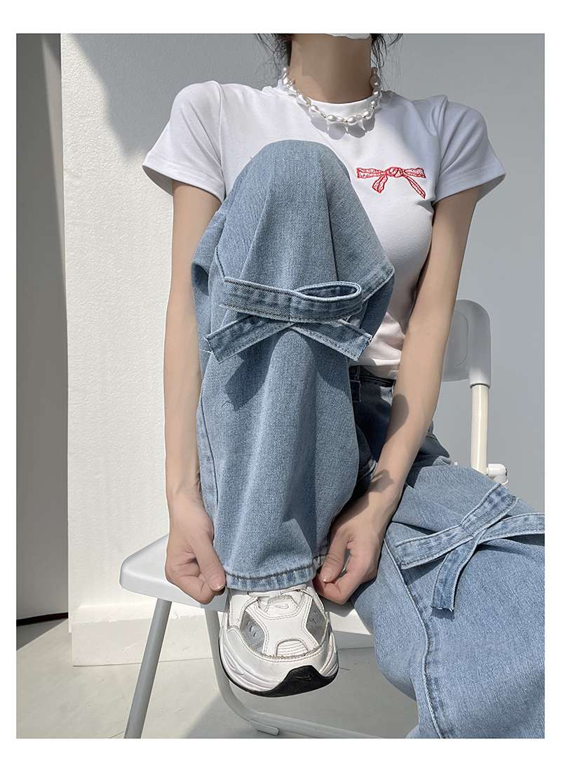 リボン飾り付きワイドデニムパンツ