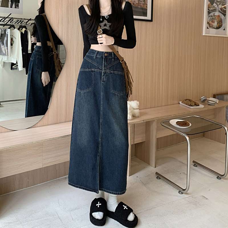 ヴィンテージスタイル ロングデニムスリットスカート