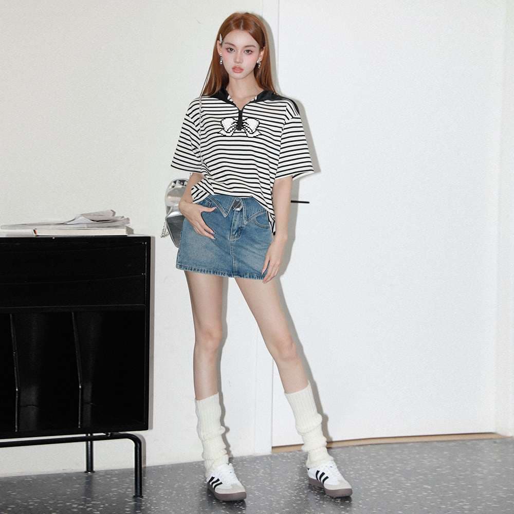 カジュアルスタイル　クラシックデニムミニスカート