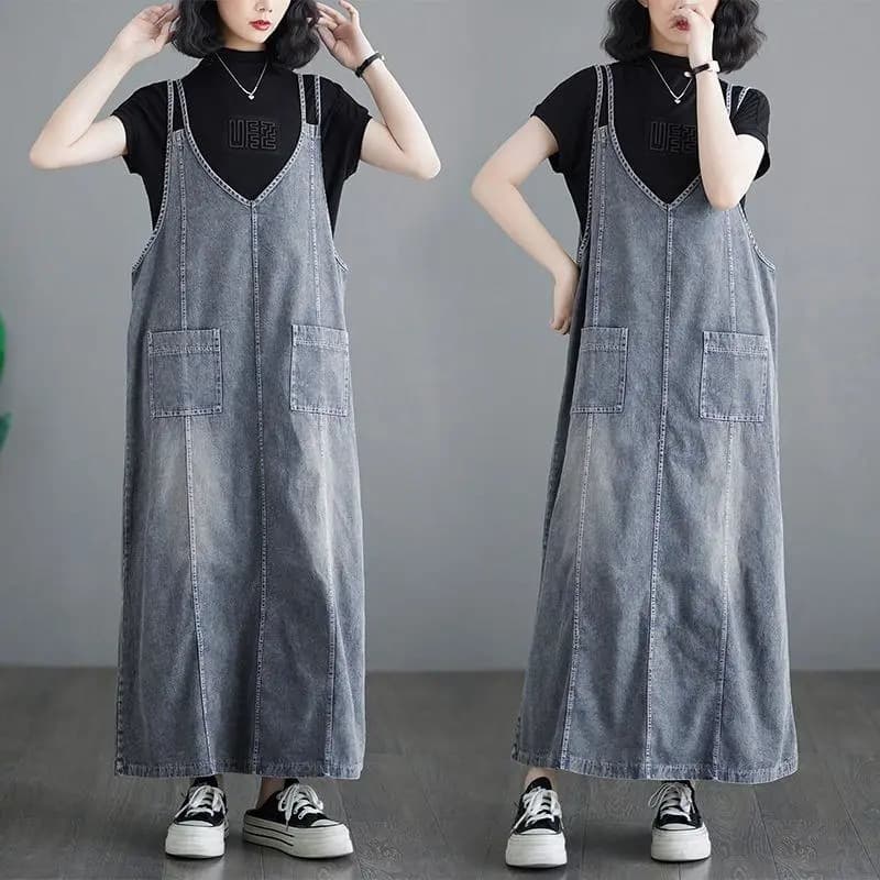 デニムスカート ゆったりシルエットデニムサロペットスカート
