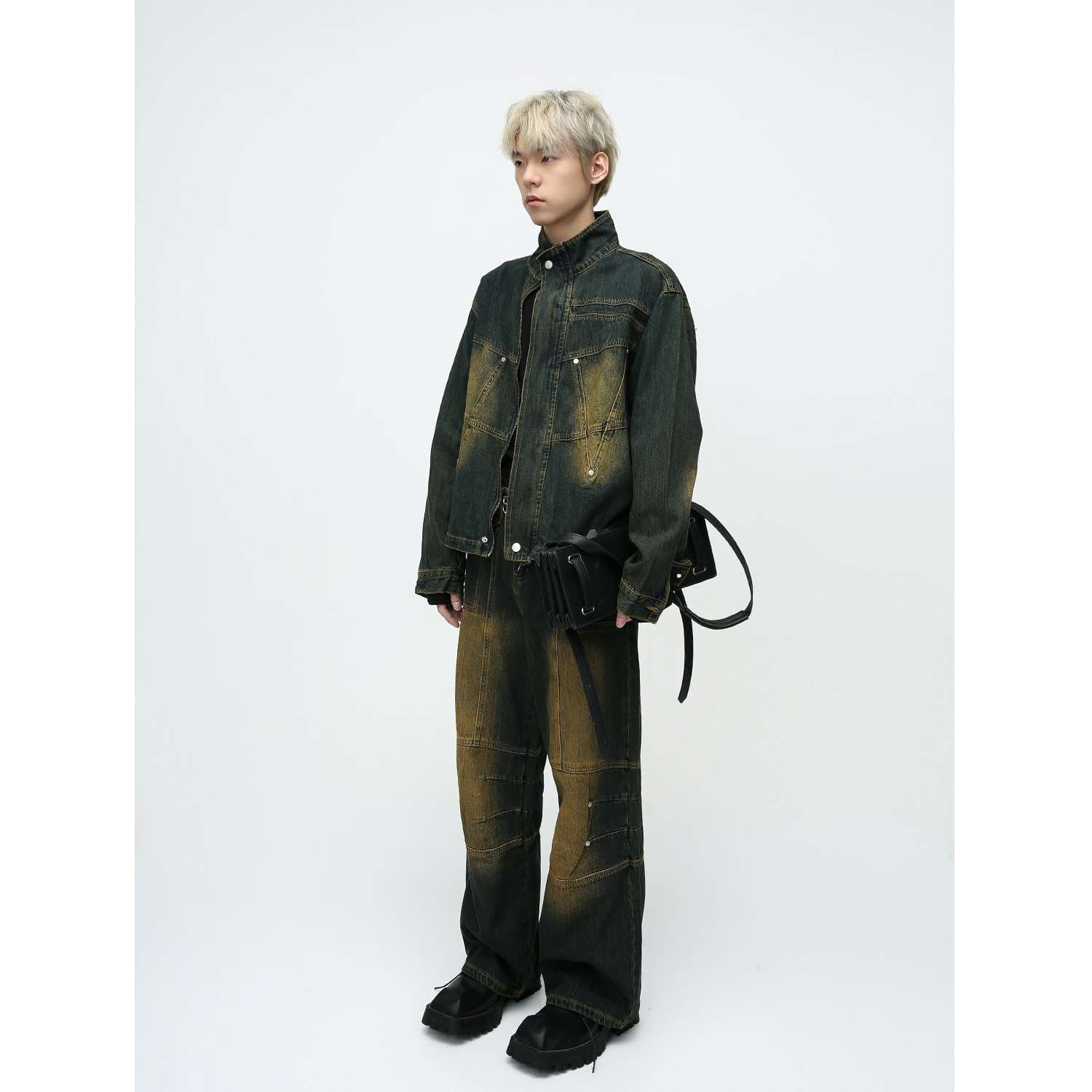 韓国スタイル ヴィンテージ風デニムジャケット＆ワイドパンツセット