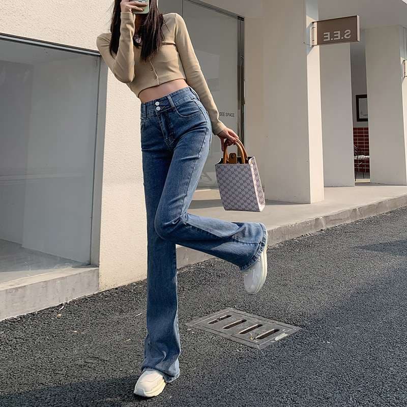 カジュアルスタイル ハイウエストフレアデニムジーンズ