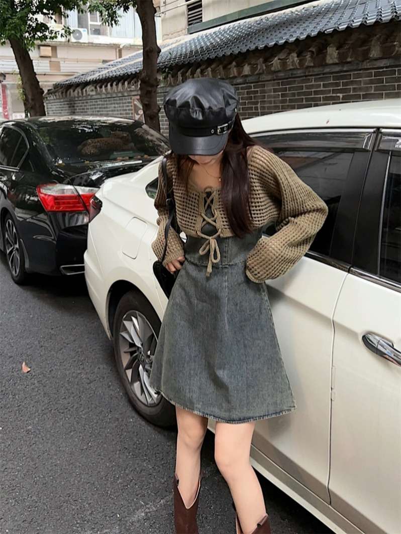 韓国スタイル 春夏デニムキャミワンピ×ニットカーディガンセット