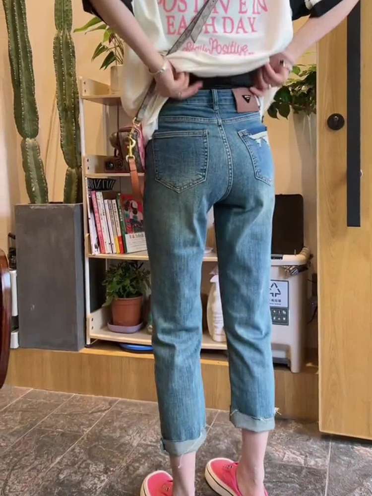 アメリカンスタイル ヴィンテージ風クロップドダメージデニム