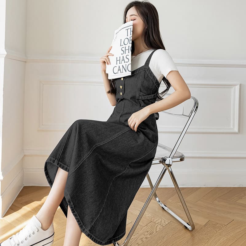 デニムスカート ゆったりデザイン サロペットスカート