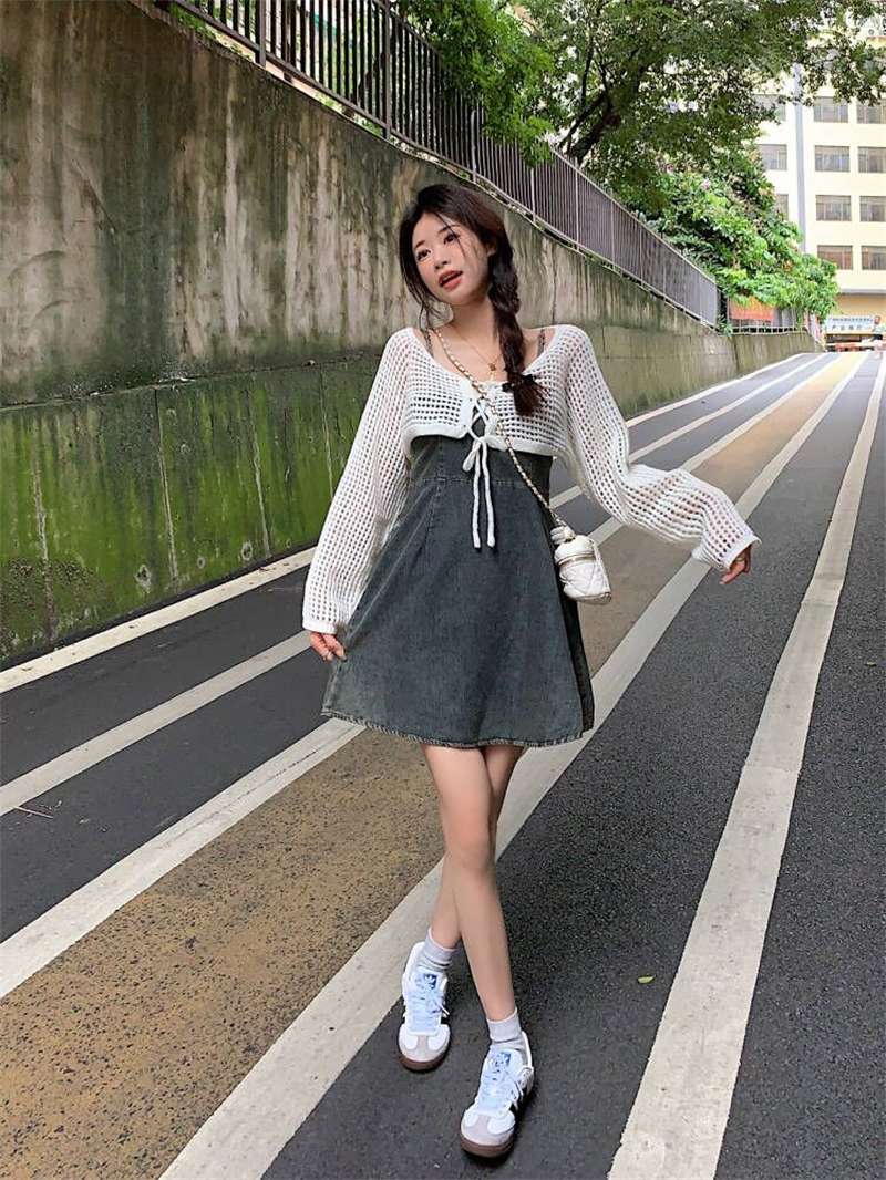 韓国スタイル 春夏デニムキャミワンピ×ニットカーディガンセット