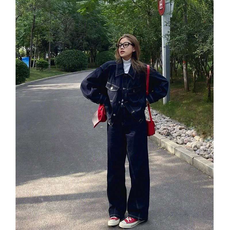 韓国スタイル オーバーサイズデニムジャケット&ワイドパンツセット